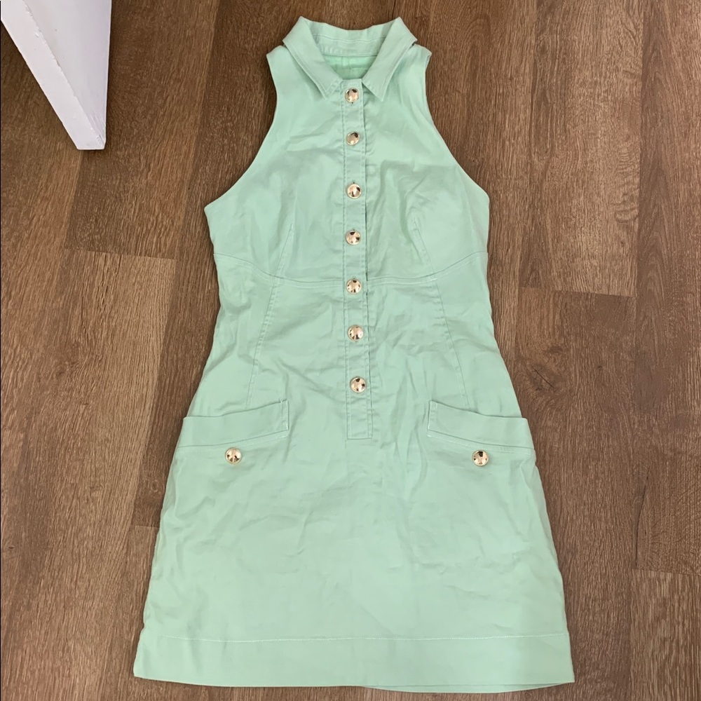 Anthropologie Maeve Linen Collared Button-Front Mini Dress Green Size Small